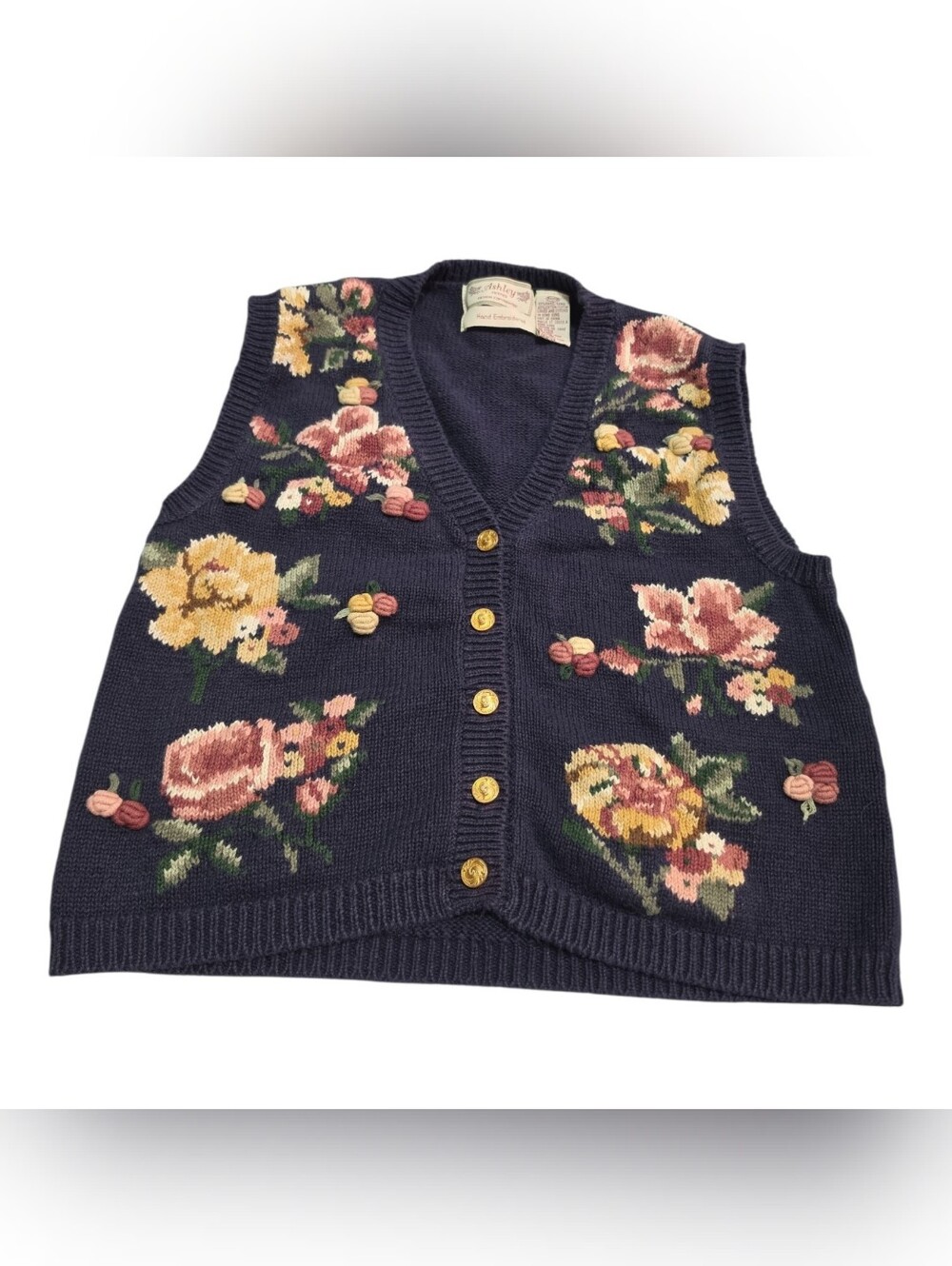 Vintage Floral Hand Embroidered Sweater Vest Cottagecore Grandmacore Academia